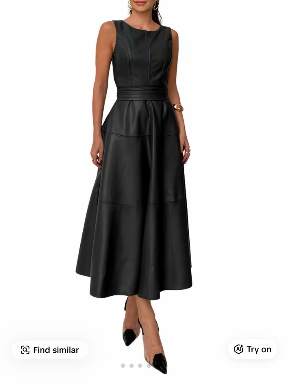 Classic Black Sleeveless Faux Leather A-Line Midi Skirt Dress